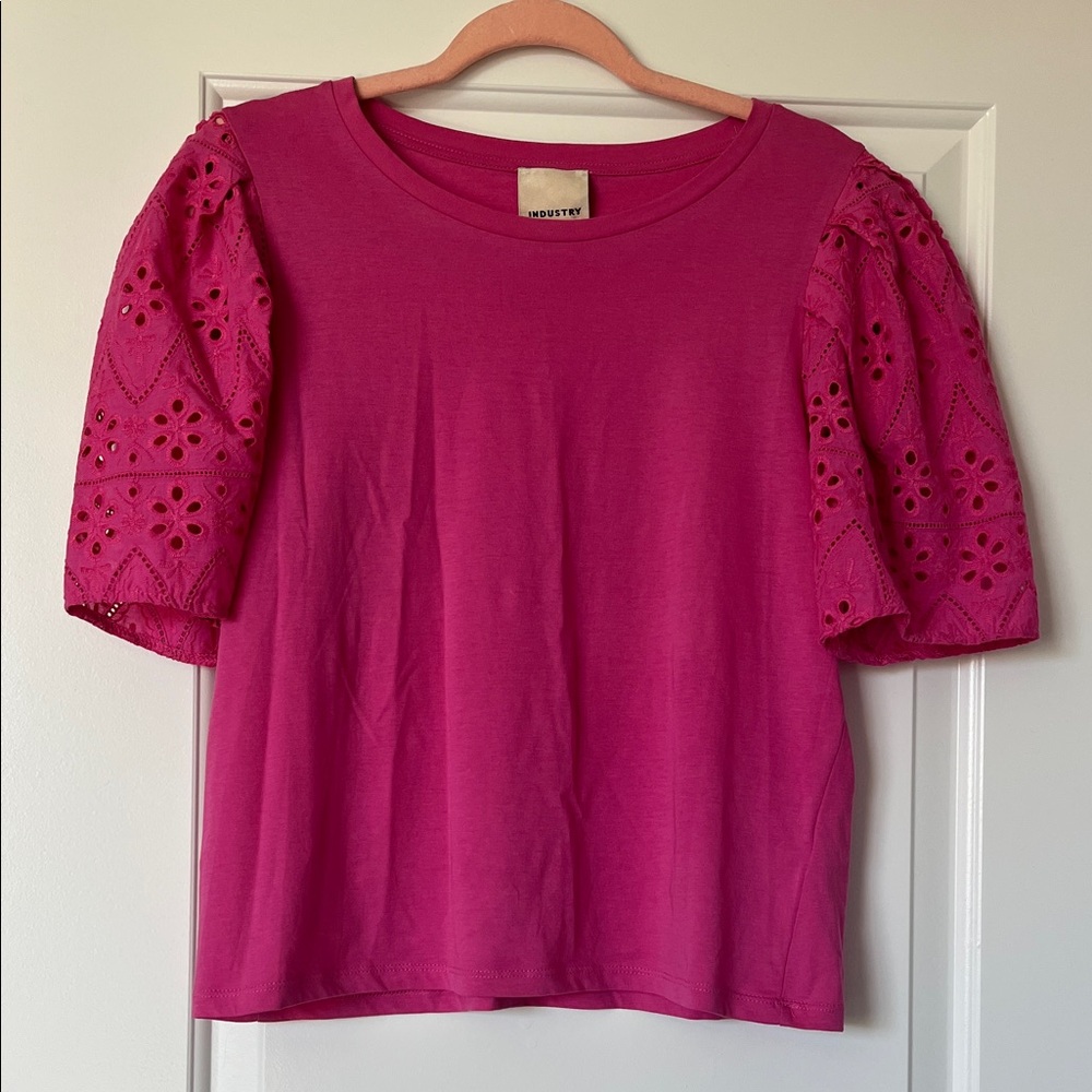 INDUSTRY Fuchsia Eyelet Puff Sleeve Tee